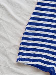 Soleia Mono de punto con textura de cuello en V profundo, franja roja y blanca, con lazo delantero, adecuado para fiesta, Día de San Valentín, cita, superposición, Navidad, playa, crucero, festival, Pascua, vacaciones bohemias, talla grande para mujer - Azul y blanco - Ver 3