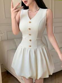 Feyla Women's Solid Color Metal Button V-Neck Sleeveless Mini Dress - Apricot - View 4