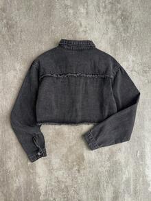 SHEIN Teen Girls Frayed Edge Letter Black Denim Short Loose Long Sleeve Jacket - Black - View 10