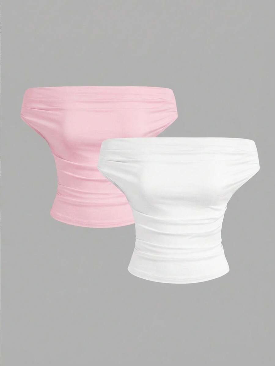 SHEIN EZwear Bộ 2 áo trễ vai bèo nhún màu trơn, trang phục mùa hè mới, dễ phối đồ, màu hồng và trắng. - Nhiều màu - Xem 1