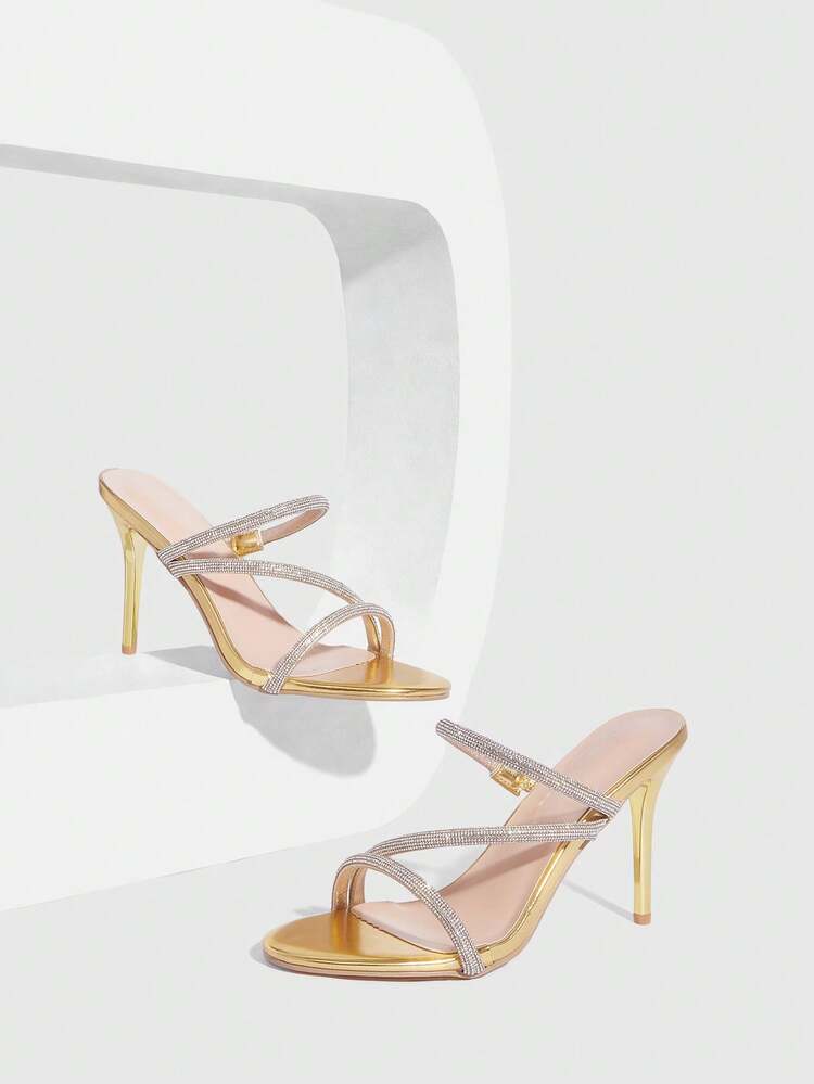 CUCCOO SZL Women Shoes Round Toe Stiletto Gold Rhinestone Strip Women's High Heel Sandals Slippers Fashion Elegant Sexy Party Banquet Dating Nightclub Women's Sandals Women's Shoes