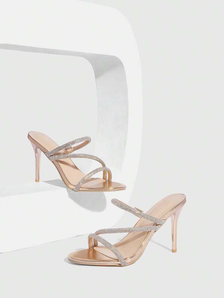 CUCCOO SZL Women Shoes Round Toe Stiletto Champagne Rhinestone Strip Women's High Heel Sandals Slippers Fashion Elegant Sexy Party Banquet Dating Nightclub Women Sandals Women's Shoes