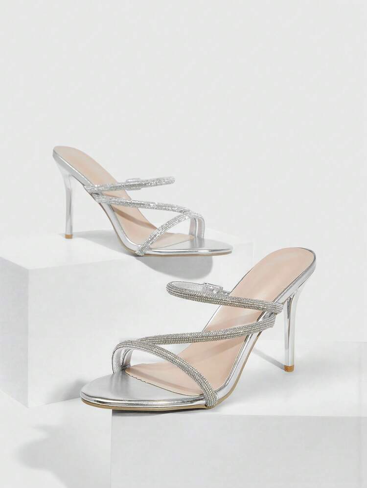 CUCCOO SZL Women Shoes Round Toe Stiletto Silver Rhinestone Strip Women's High Heel Sandals Slippers Fashion Elegant Sexy Party Banquet Dating Nightclub Women Sandals Women's Shoes