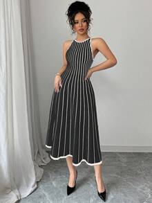 Franclia New Vintage Striped Patchwork Contrast Color Round Neck Sleeveless Knitted Dress For Women - Black - View 6