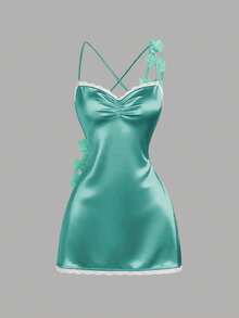 Sweetra Đầm dự tiệc nữ mùa thu mới kiểu vintage gợi cảm, ôm sát, chất liệu satin bóng, viền ren, xếp lớp, cổ khoét sâu, dây mảnh, màu hồng đa năng. - màu xanh lá - Xem 3