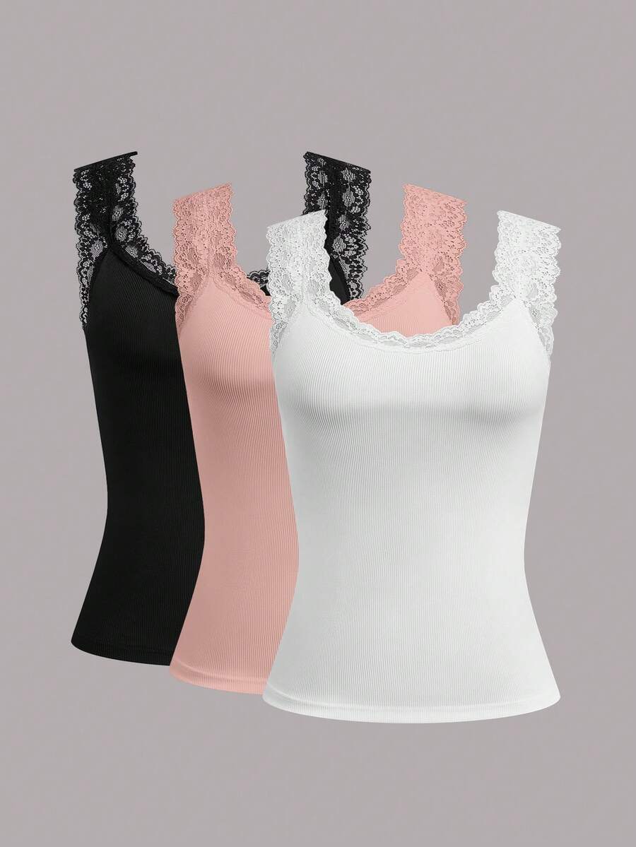 Calvaya Plus Size Solid Color Round Neck Wide Strap Sleeveless Summer Ribbed Lace Patchwork Tank Top - Multicolor - View 1
