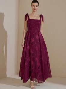 BELROSIE French Design Luxurious Elegant Burn-Out Camisole Tie-Up Waist Flared Sleeveless Dress - Burgundy - View 5