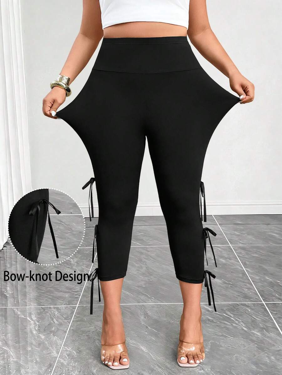 Elenzga Plus Size Women's Solid Color High Waist Drawstring Casual Cropped Leggings - Black - View 1