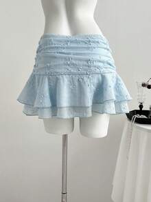 Elamini Women's Sweet Summer Embroidered Tiered Asymmetrical Design Ruffle Hem Skirt, Vacation Style Blue Mini Skirt, Suitable For Valentine's Day, Dates, Beach, Parties, Music Festivals - Blue - View 2