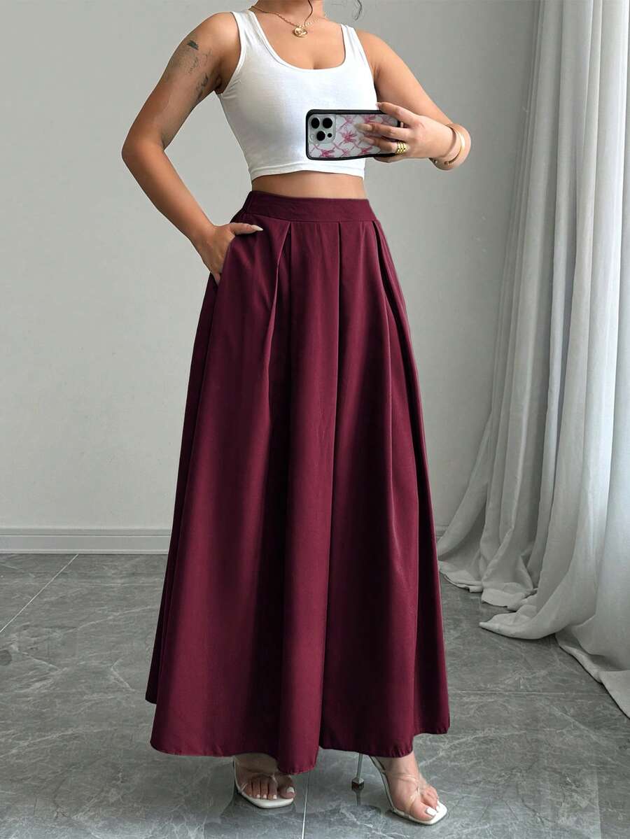Rafferiza Petite Chân váy chữ A màu trơn nhỏ nhắn có túi ở eo dành cho nữ, kiểu dáng maxi. - Màu Đỏ Sâu - Xem 1