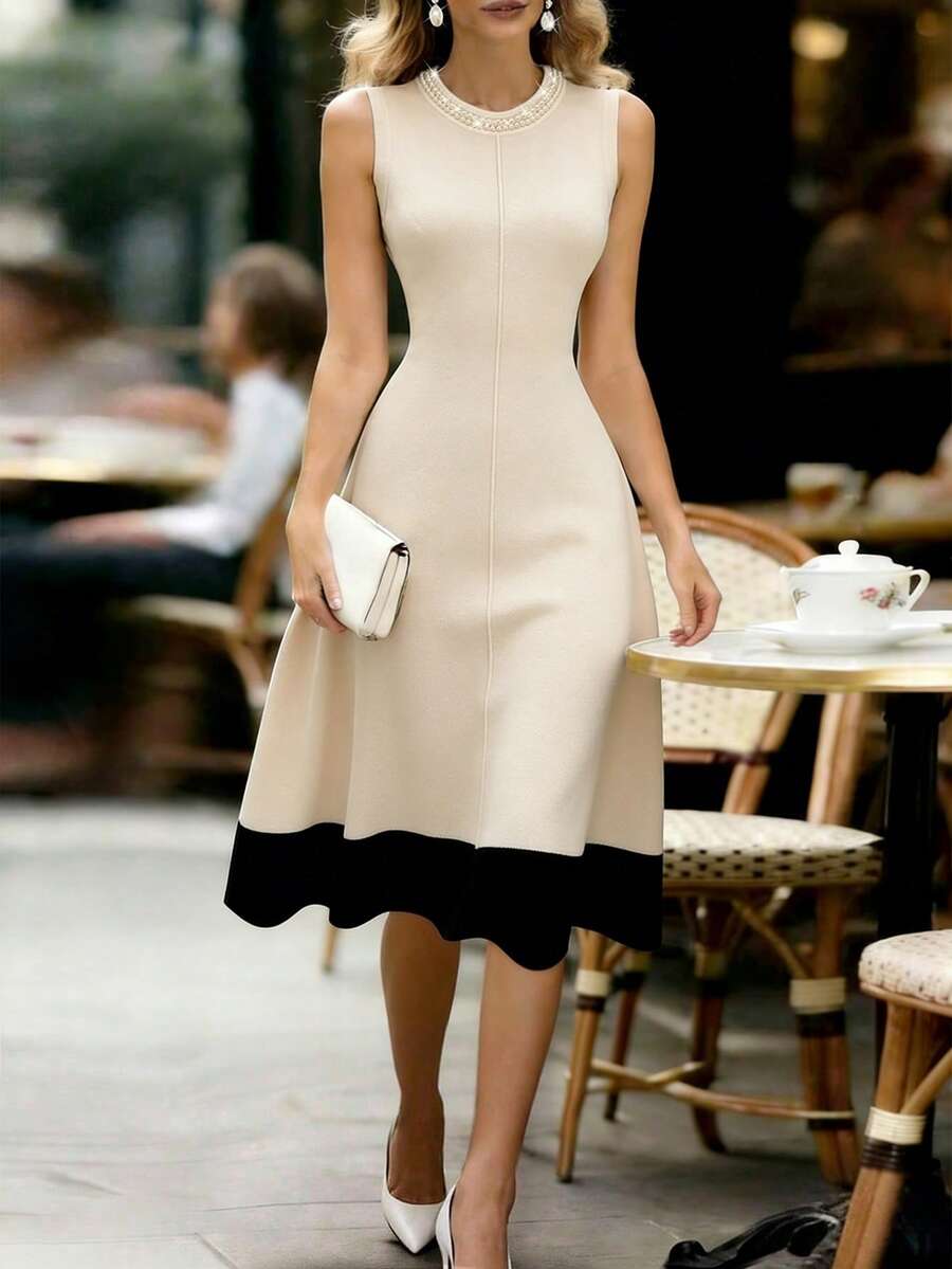 SHEIN LUNE 女士简约优雅仿珍珠串珠撞色无袖毛衣连衣裙 正式场合女士连衣裙 经典优雅经典连衣裙 婚礼宾客办公女士优雅连衣裙 时尚连衣裙 - 杏色 - 查看 1