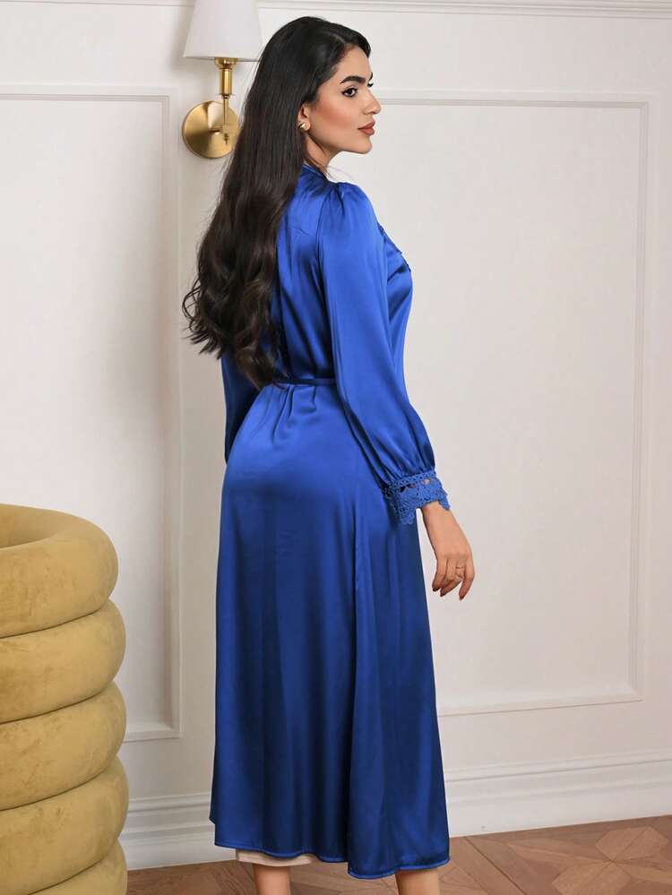 Women's Satin Floral Lace Patchwork Lapel Puff Sleeve Robe