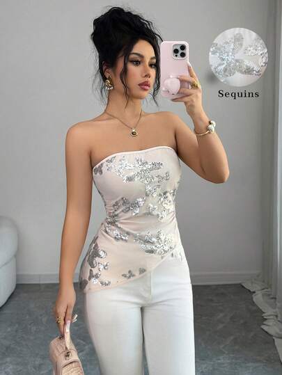 SHEIN Elenzya Top bandeau elegante y romántico con busto fruncido de malla para mujer