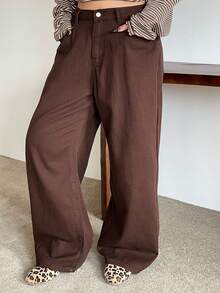 Dazy Plus Plus Size Women Casual Loose Waist Solid Color Long Straight Leg Jeans, All Season - Brown - View 5