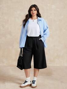 Dazy Plus Quần short Bermuda dáng rộng thoải mái cho nữ cỡ lớn, màu trơn, xuân/hè - màu đen - Xem 6