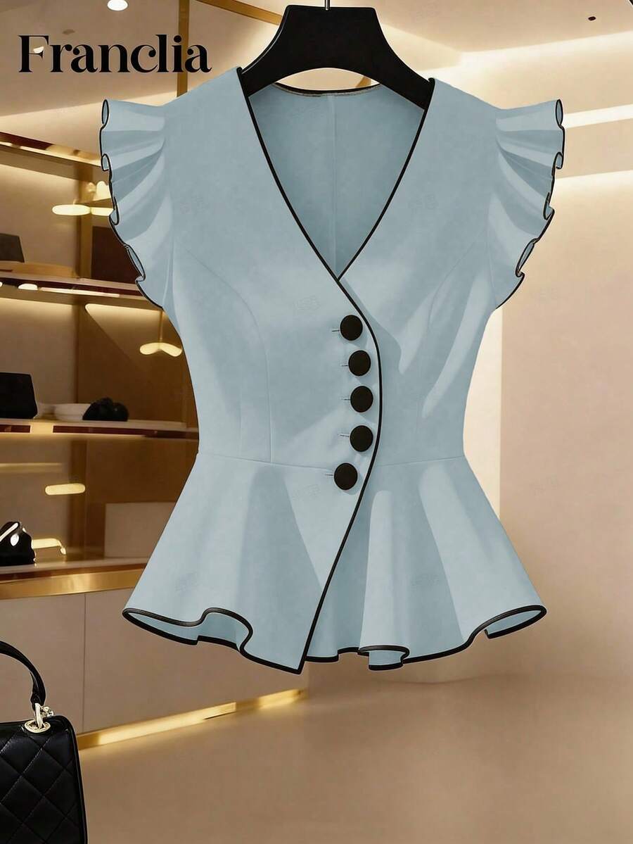 Franclia Áo kiểu nữ thanh lịch và thời trang, nền xanh viền đen, eo ôm, thiết kế phối xanh đen tương phản, tay ngắn, phù hợp mặc hàng ngày, hẹn hò và đi làm. Áo kiểu nữ thanh lịch, áo kiểu nữ màu trắng, áo sơ mi nữ, áo kiểu dự tiệc nữ. Áo peplum xanh nhạt, áo peplum nữ, áo peplum màu xanh nhạt, áo peplum nữ. - Màu xanh lam - Xem 1