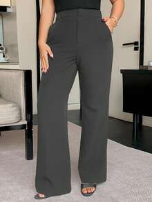 Dazy Plus Plus Size Solid Color Loose Straight-Leg Casual Black Long Pants, All Season Women Dress Pants Fall - Dark Grey - View 6