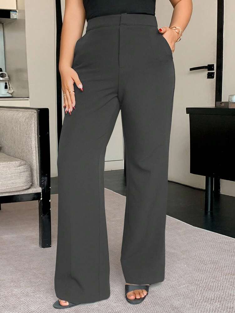 Dazy Plus Plus Size Solid Color Loose Straight-Leg Casual Black Long Pants, All Season Women Dress Pants Fall