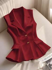 SHEIN LUNE CURVE Áo blazer nữ cỡ lớn với nơ kim loại trang trí, thoải mái và đa năng cho trang phục hàng ngày. - Màu Đỏ Sâu - Xem 1