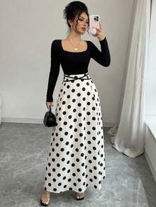 Rafferiza 女士波点印花长袖连衣裙，喇叭下摆，休闲优雅，适合工作、度假、约会、日常穿着、派对、宾客等场合。 - 彩色 - 查看 1