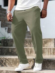 Manfinity Homme Pantalones casuales de algodón puro de talla grande de unicolor con bolsillos, lino minimalista y versátil - Verde militar - Ver 3