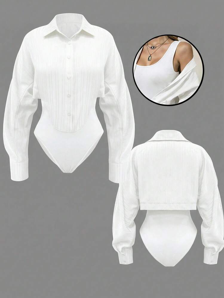 Franclia Bodysuit Feminino de Manga Longa Casual - Branco - Visão 2