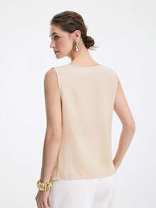 Aalyst Women's Pleated Solid Satin Crepe Sleeveless Asymmetrical Hem Blouse - Champagne - View 2