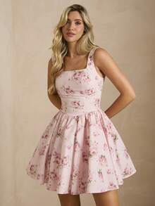 Enchnt Đầm mini dáng chữ A cổ vuông in hoa dành cho nữ - Hồng - Xem 5