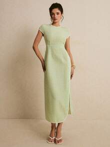 Poéselle Women's Plaid Round Neck Short Sleeve Side Slit Hem Dress,Green And White Summer Elegant Chinese Style Country Casual Brunch Wedding Guest Outfits - Green - View 2