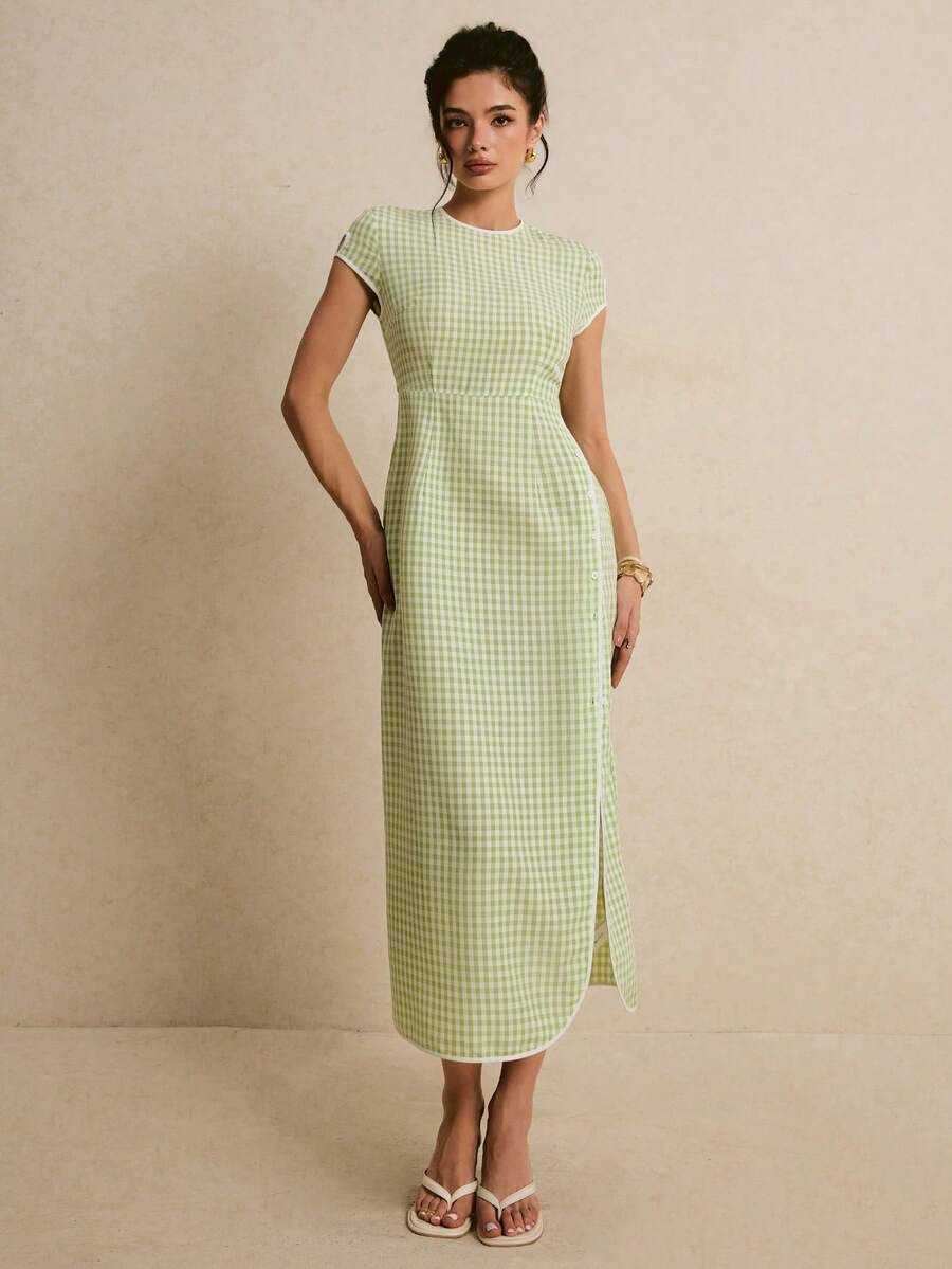Poéselle Women's Plaid Round Neck Short Sleeve Side Slit Hem Dress,Green And White Summer Elegant Chinese Style Country Casual Brunch Wedding Guest Outfits
