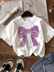 Tween Girls' Casual Minimalist Textured Bow Print T-Shirt, Versatile All-Match For Everyday Wear, Suitable For Summer - Multicolor - View 2
