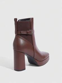 Daringsoles 女士厚底方头性感防水高帮拉链秋冬靴搭扣经典皮靴拼接性感棕色 - 咖啡棕 - 查看 8