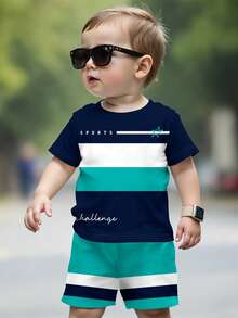 SHEIN Baby Boy Casual Simple T-Shirt Set Suitable For Summer, Classic Striped Pattern Print, Fashionable Text Logo Print - Multicolor - View 2