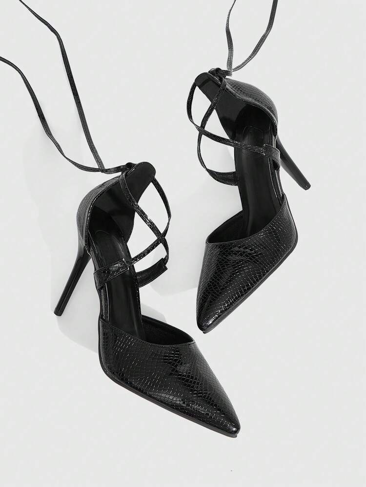 CUCCOO SZL Women Shoes Pointed Thin High Heel Black Snake Pattern Hollow Lace Up Fashion Sexy Elegant Party Banquet Night Club Women's High Heel Shoes Hollow Shoes Women's Shoes