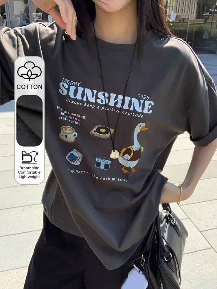 Women's Summer Round Neck Loose Short Sleeve Distressed Graphic Casual T-Shirt Oversized