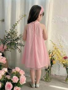 SHEIN 粉色少女优雅花卉提花花瓣袖收腰A字公主裙 - 彩色 - 查看 2