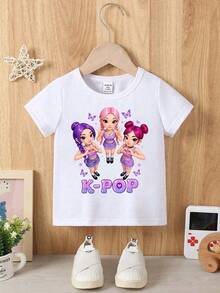 Young Girl Casual Cartoon Print Basic Short Sleeve T-Shirt, Summer - White - View 4