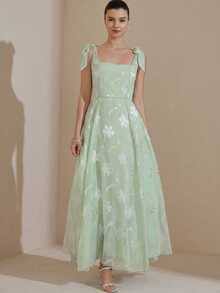 Aveloria Rosie French Design Luxury Elegant Burn-Out Camisole Tie-Up Waist Flared Sleeveless Dress - Green - View 5