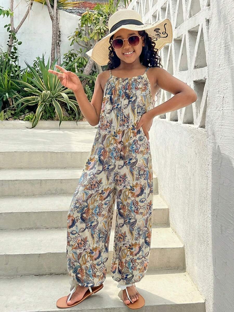 SHEIN 少女休闲夏季度假风宽松热带植物印花吊带连体裤夏季灯笼裤夏威夷风连体裤 - 杏色 - 查看 1