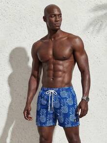 Manfinity Swimmode Men's Pineapple Print Drawstring Waist Pocket Beach Shorts - Blue - View 6