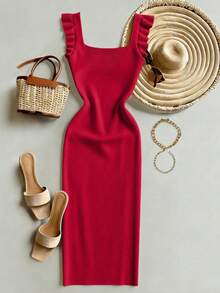 SHEIN Women's Red Autumn Elegant Party Square Neck Backless Bombshell Knit Fitted Mid-Length Dress With Delicate Ruffle Hem,Sleeveless Bodycon Sweater - Red - View 4