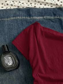 Attitoon T-shirt court à manches courtes serré avec imprimé de lèvres froissé à l'épaule dénudée, style décontracté rétro de rue. Convient pour le début de l'automne, polyvalent vintage, académique, sexy, mignon, Y2K, coconut girl, boho, hippie, festival de musique, printemps/été - Rouge foncé - Voir 6