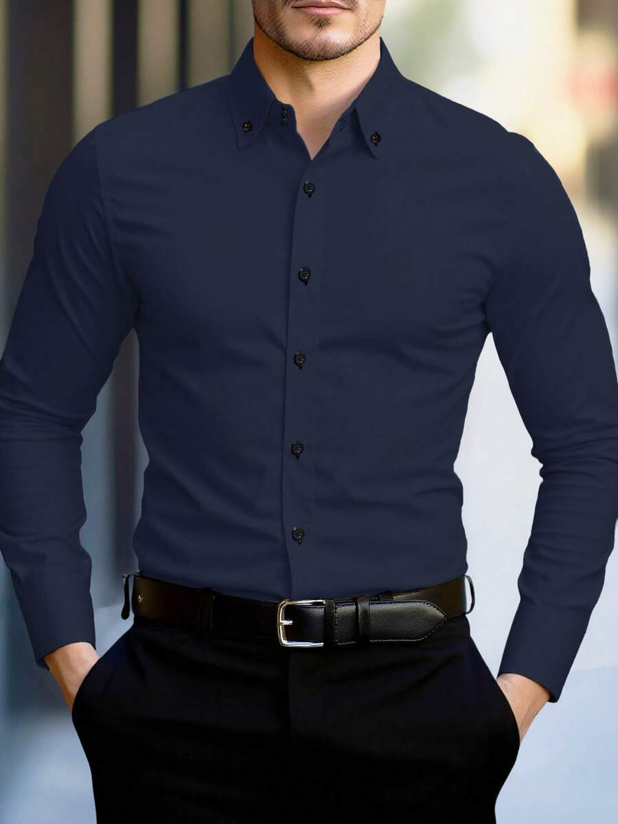 Manfinity Mode 男士休闲商务长袖衬衫，纯色，简约风格，适合春秋季通勤穿着。 - 寶藍色 - View 1