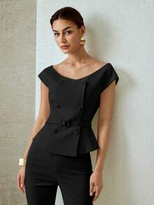 PREMIUM ELEGANT FASHIONABLE DOUBLE-BREASTED PEPLUM TOP - Black - View 7