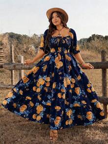 Ceyna 大码女装春夏新款中袖方领印花腰带A字连衣裙 - 藏蓝色 - 查看 7