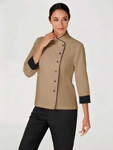 TaskEZ Women's Contrast Color Button-Up Collar Long Sleeve Work Uniform Chef Jacket In 3- 4th Sleeve For Women - Apricot - View 3