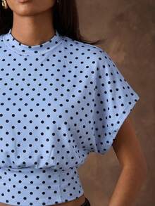 SHEIN BAE 女士波点印花圆领蝙蝠袖收腰T恤 - 淺藍色 - 查看 3