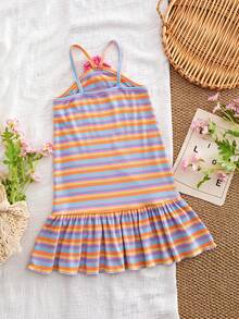 SHEIN 小女孩时尚甜美彩虹条纹吊带露背连衣裙，夏季度假装 - 彩色 - 查看 2
