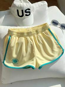 Comfortcana 女士字母印花抽绳腰带口袋休闲短裤 - 黃色 - 查看 7