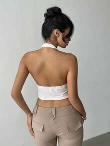 EMERY ROSE Y2K 宝贝风纯棉 V 领系带露背吊带背心，性感又可爱优雅的夏季女式上衣 - 白色 - 查看 2